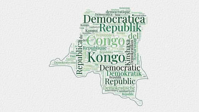 DR Congo logo animation. DR Congo boundary word cloud animation. Video of country names in multiple languages popping out on a paper-style background. Country opening, intro, presentation video.