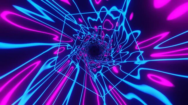 Abstract illustration purple-blue neon visual dynamic Loop Background of endless pentagonal tunnel