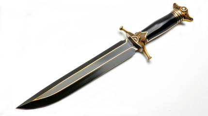 Ornate fantasy dagger with a black and gold handle lying on a transparent white background featuring a double-edged blade and intricate guard details. The design highlights craftsmanship and elegance.