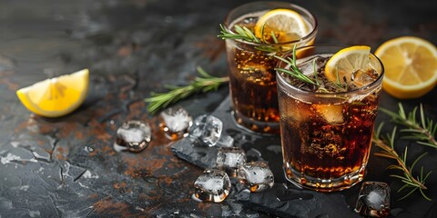Two Cuba Libre cocktails with ice lemon whiskey cola and rosemary. Concept Cuban cocktail, Mixology, Refreshing drinks, Summer drinks, Alcoholic beverages