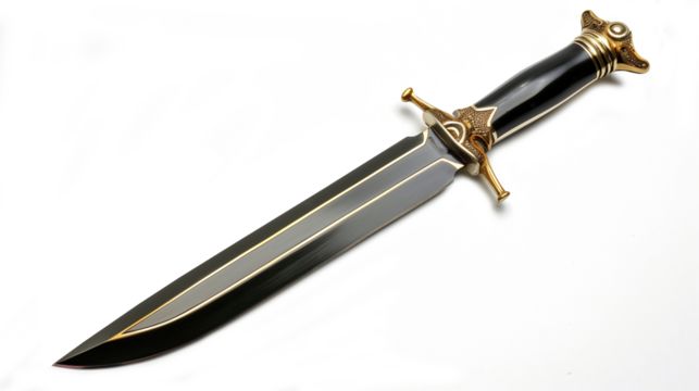 Ornate fantasy dagger with a black and gold handle lying on a transparent white background featuring a double-edged blade and intricate guard details. The design highlights craftsmanship and elegance.