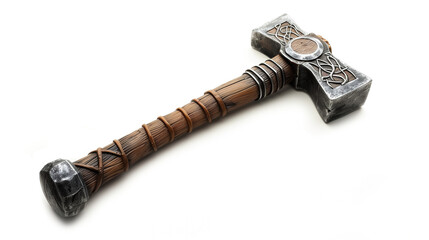 Norse-inspired war hammer with intricate Celtic knotwork. Fantasy weapon featuring wooden handle wrapped in leather straps. Battle tool in mythical craftsmanship, ornate metalwork and runic symbols