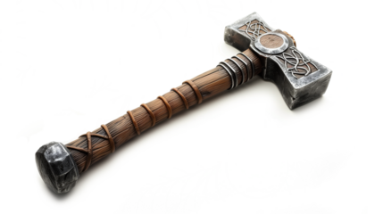 Norse-inspired war hammer with intricate Celtic knotwork. Fantasy weapon featuring wooden handle wrapped in leather straps. Battle tool in mythical craftsmanship, ornate metalwork and runic symbols