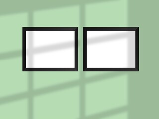 Minimal picture poster frame mockup on the wall with window shadow and leaves