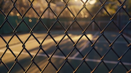 Fototapeta premium Sunset view of fenced tennis court, blurred background, sports and recreation concept