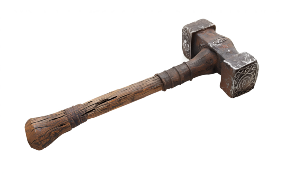 Ancient war hammer with ornate metal head and weathered wooden handle. Fantasy-inspired weapon showing signs of age and use. Decorative engravings on the striking surface. 