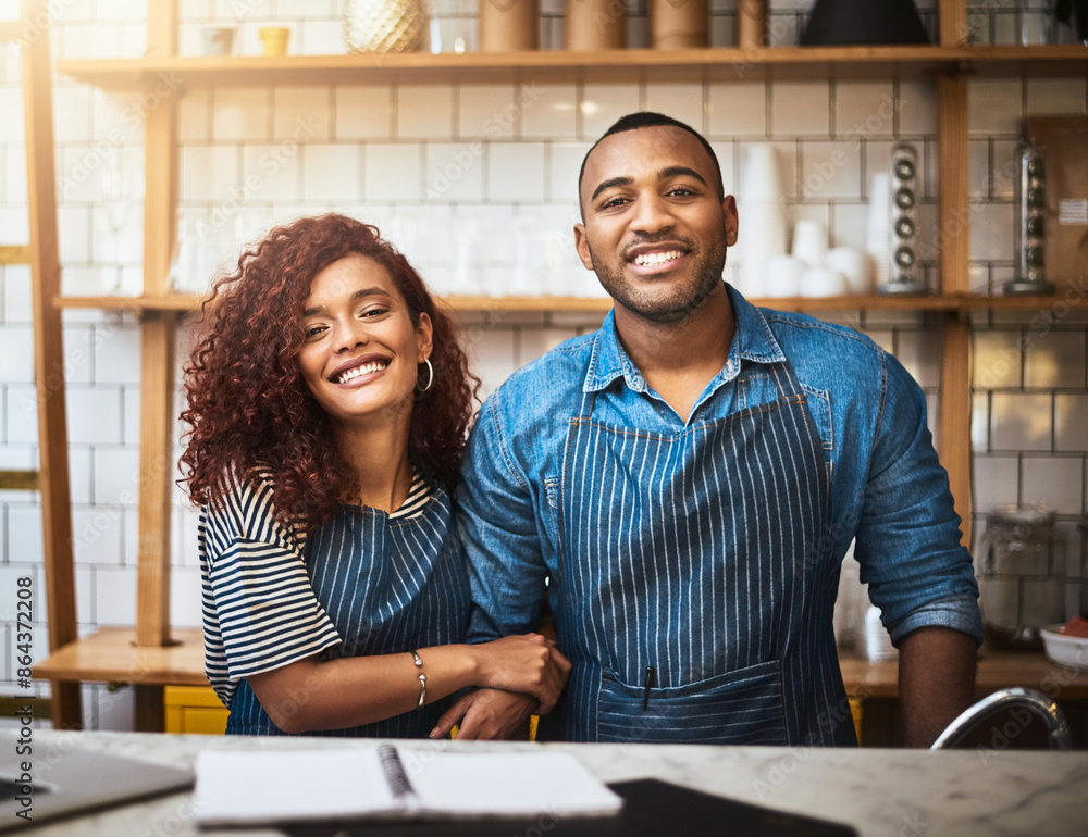 Poster Coffee shop, happy couple and portrait of barista at cafe or startup store. Small business owner, man and face of woman together in restaurant for partnership, cooperation and teamwork with cashier