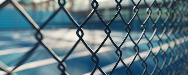 Fototapeta premium Chain link fence with blurred tennis court background, shallow depth of field. Sports facility and outdoor activity concept