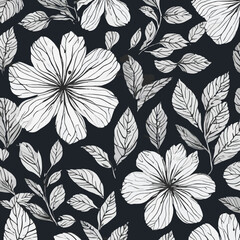 Obraz premium Seamless floral pattern with black and white hand drawn flower and leaf