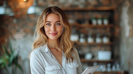 A cheerful woman holding a tablet, standing in a cafe with rustic decor. She is dressed in a white shirt and the background is filled with shelves and various decorations.