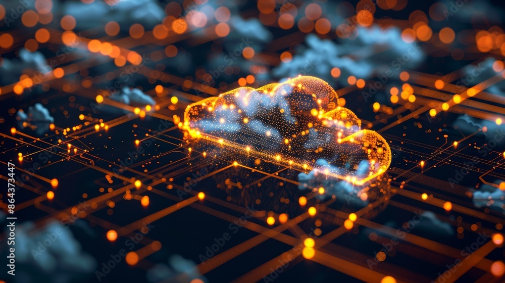 Poster an elegant 3d illustration of a cloud floating above a digital grid, representing the foundation of 