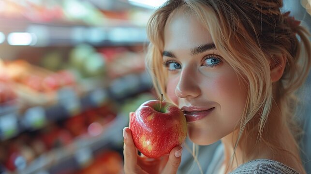 Happy mother smelling an apple in the supermarket. Happy woman holding a red apple, standing in a fresh produce section of a grocery store. - Powered by Adobe