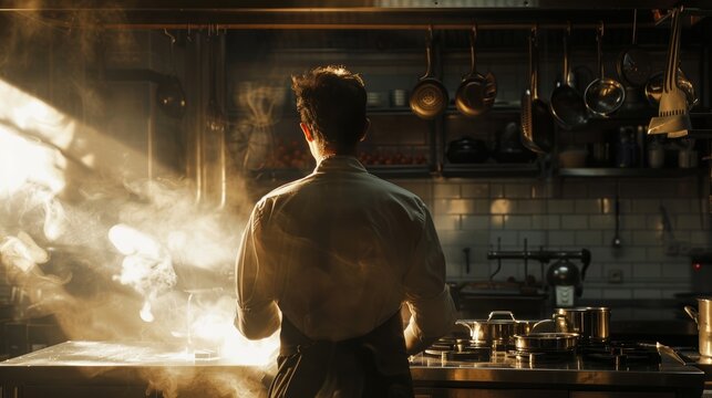Sizzling Secrets Intense Chef Cooking Over Hot Stove in Dramatic Lighting