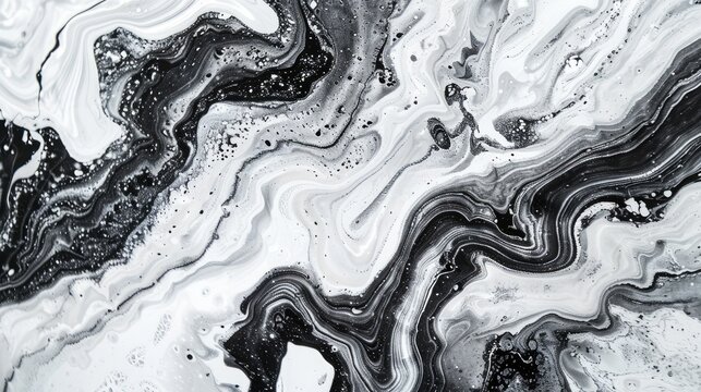 Drawing on water marbling surface Rough Marble ebru suminagashi Swirled abstract design organic wavy black white and gray backdrop Heavily textured paper Ornamental rock indoor motif