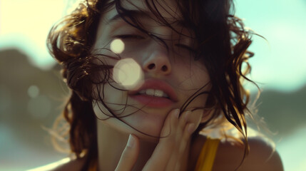 Naklejka premium cinematic close-up of a young woman on the dreamy, ethereal beach, with short, curly hair wet and messy, with her eyes half-closed, with bright, natural lighting and bokeh effects