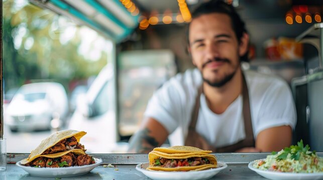 A smiling chef standing behind a taco food truck stand, serving fresh delicious tacos, reflecting an easygoing street food experience of culinary delights.