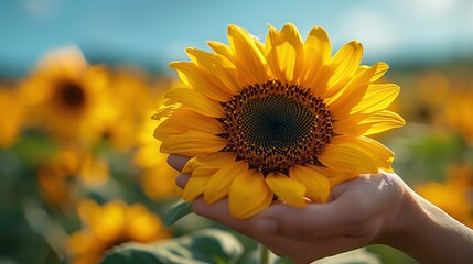 Hand Holding a Sunflower in Field