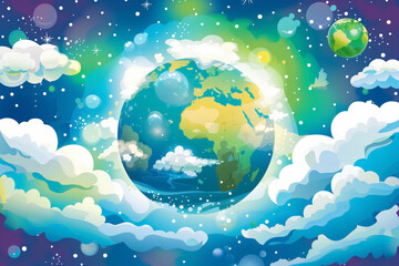 Illustration with Green Earth planet among white clouds and stars. Environment conservation.