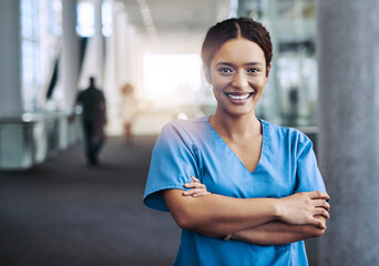 Crossed arms, woman and portrait of nurse in hospital for medical career with growth, positive and...