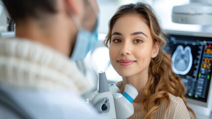 A female patient in a medical consultation room, smiling at the camera while the medical professional beside her reviews diagnostic equipment. The environment is clinical and professional.