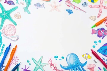 Colorful Underwater-Themed Children's Drawing with Marine Animals and Shells - Ideal for Kids' Art Projects