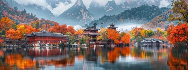 Fototapeta premium Autumnal Reflections in a Chinese Village by a Misty Lake