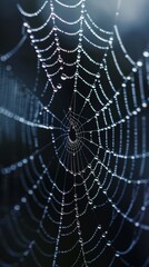 Naklejka premium Spider web with dewdrops on dark background, close-up. Nature's intricate design concept