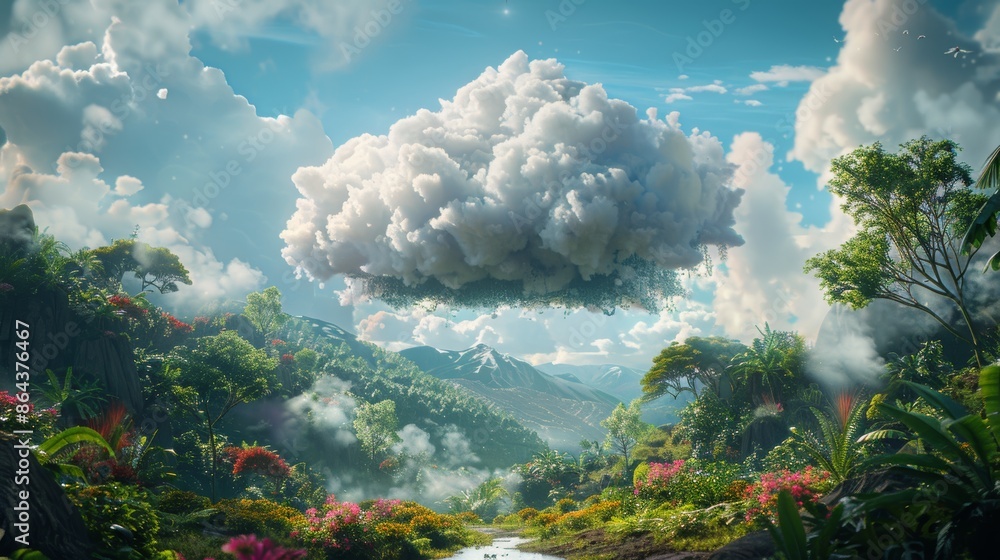 Poster a symbolic 3d representation of a cloud hovering over a lush landscape, signifying the role of cloud