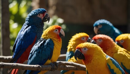Fototapeta premium The brilliance of a sunlit aviary filled with parrots in shades from electric blue to sunny yellow ai_generated