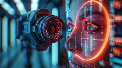 An AI-powered security camera with a holographic display showing real-time facial recognition and threat detection, mounted in a high-security facility.