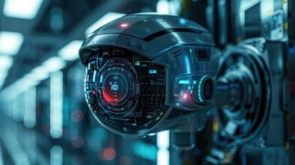 Fototapeta premium An AI-powered security camera with a holographic display showing real-time facial recognition and threat detection, mounted in a high-security facility.