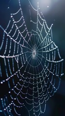 Spider web with dew drops in the morning light, close-up. Nature and detail concept