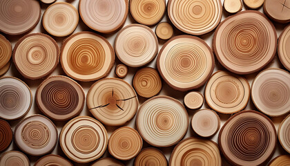 Collection of circular tree trunk cross sections with natural rings, textures, and color variations, beauty and diversity of nature.