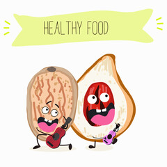 Cute nutmeg characters, funny nuts, with different activities, outdoor, sports, musical instrument.