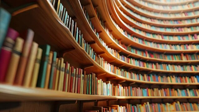 Slow motion video of colorful bookshelves in modern library with curved design and artistic lighting