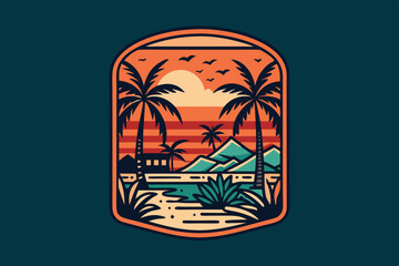 Summer t-shirt design. Retro and vintage summer vibes t-shirt design with palm tree, sea beach, and sunset vector illustration
