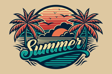 Obraz premium Summer t-shirt design. Retro and vintage summer vibes t-shirt design with palm tree, sea beach, and sunset vector illustration 