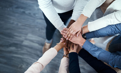 People, office and pile of hands for support with growth, teamwork and collaboration for deal....