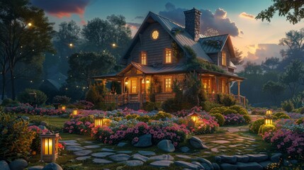 Illustration of A charming farmhouse with a wrap-around porch,  magical flower beds,  and glowing lanterns