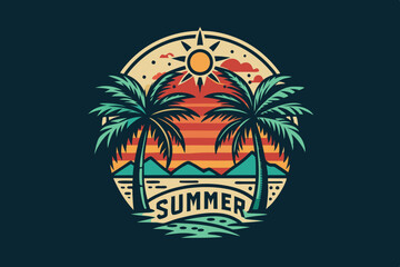 Summer t-shirt design. Retro and vintage summer vibes t-shirt design with palm tree, sea beach, and sunset vector illustration
