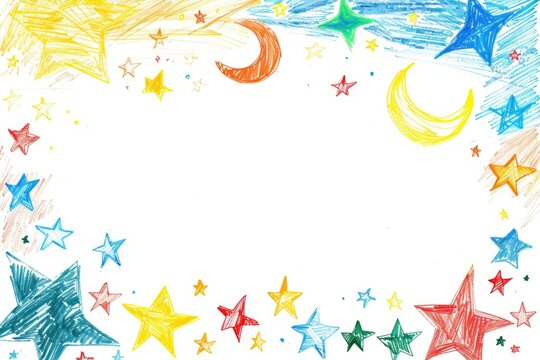 Colorful Children’s Drawings with Stars, Moons, and Suns for Creative Backgrounds and Birthday Designs