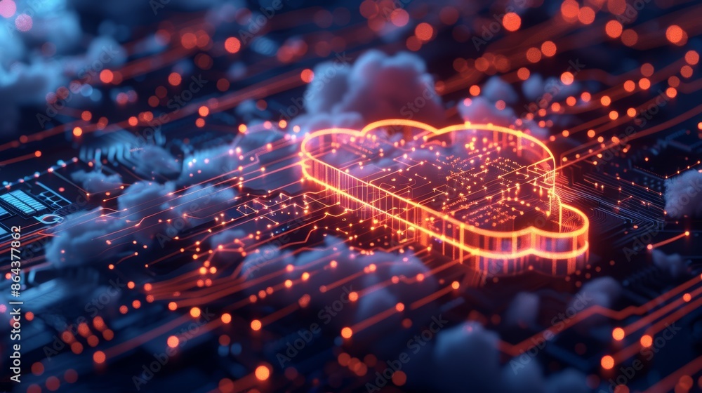 Poster a sleek 3d illustration of a digital cloud with embedded circuitry, representing the integration of 
