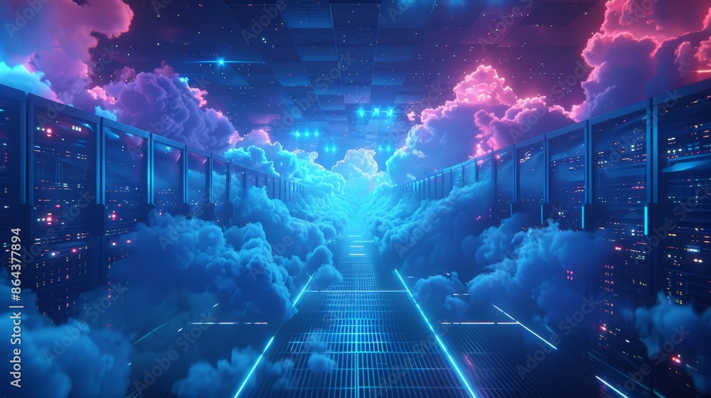 Poster a futuristic 3d illustration of a data center with servers surrounded by digital clouds, symbolizing