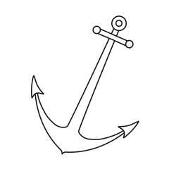 Anchor Vector illustration. Outline drawing on isolated background. Linear sketch for print design or icon. Black etching for childish cards in nautical style. Doodle engraving.
