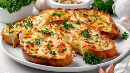 golden-brown cheesy garlic bread slices with melted cheese and parsley on a plate, comfort food