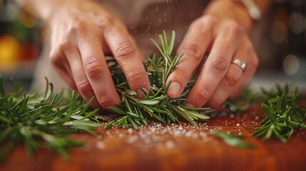 Hands sprinkling salt on fresh rosemary with tomatoes and spices.