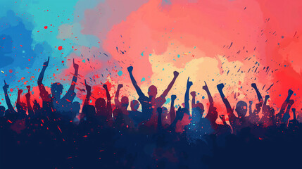 illustration of crowd of young people celebrating victory. community and celebration at outdoor music festivals with an image featuring the silhouettes of a crowd united by love for electro music.