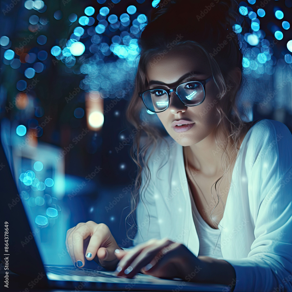 Poster woman using a computer to access or protect cyber secret information of cybersecurity, data protecti