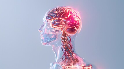 Human brain and neck and spine made of light, 3D render. Brain sectional imaging X-ray and CT scan technique, cyborg radiography. Radiation dose, film and tomograms. Human mind head skull fractal. 