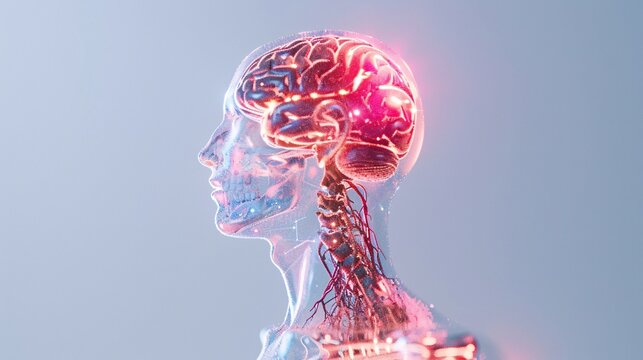 Human brain and neck and spine made of light, 3D render. Brain sectional imaging X-ray and CT scan technique, cyborg radiography. Radiation dose, film and tomograms. Human mind head skull fractal. 